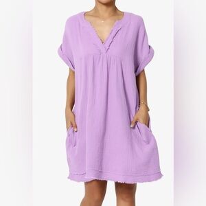 Casual Loose Short Sleeve V Neck Cotton Gauze Babydoll Shift Mini Dress